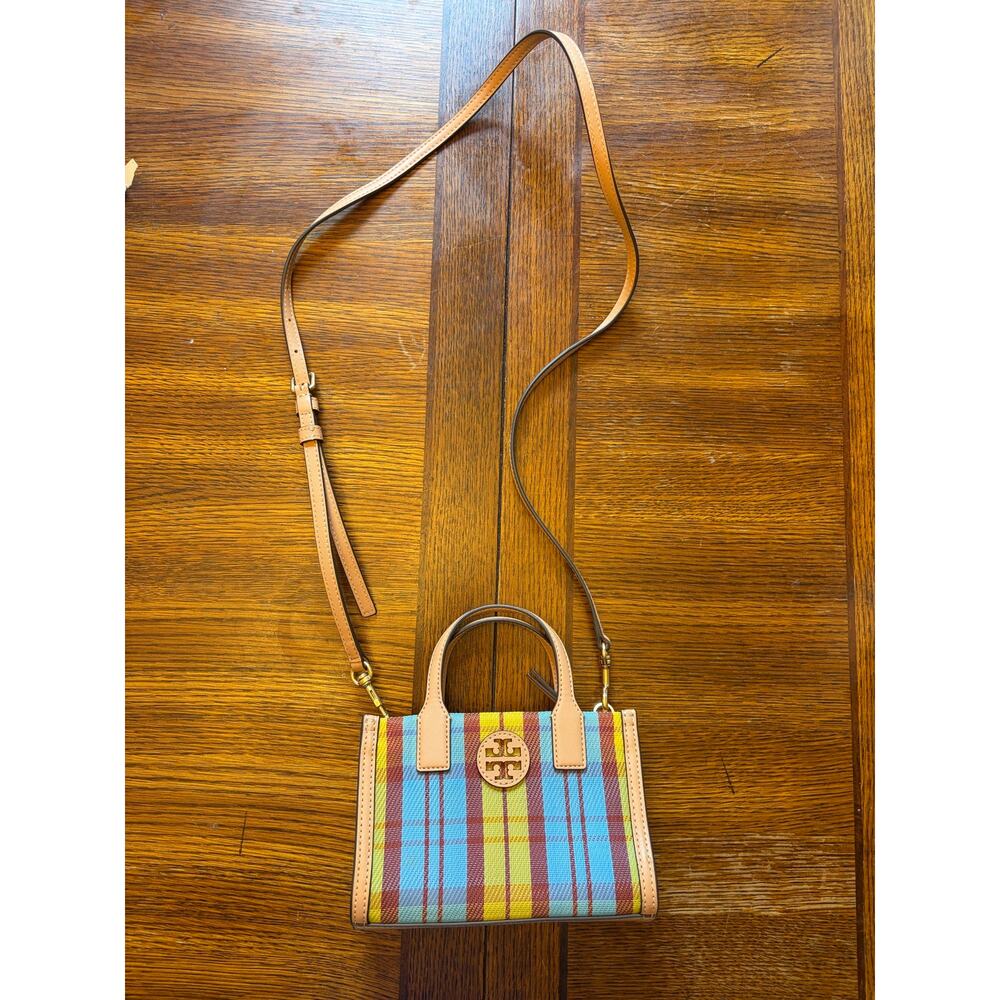 Tory Burch Ella Mini Plaid Top Handle Crossbody Tote Bag Multicolor Leather Trim - Picture 16 of 16
